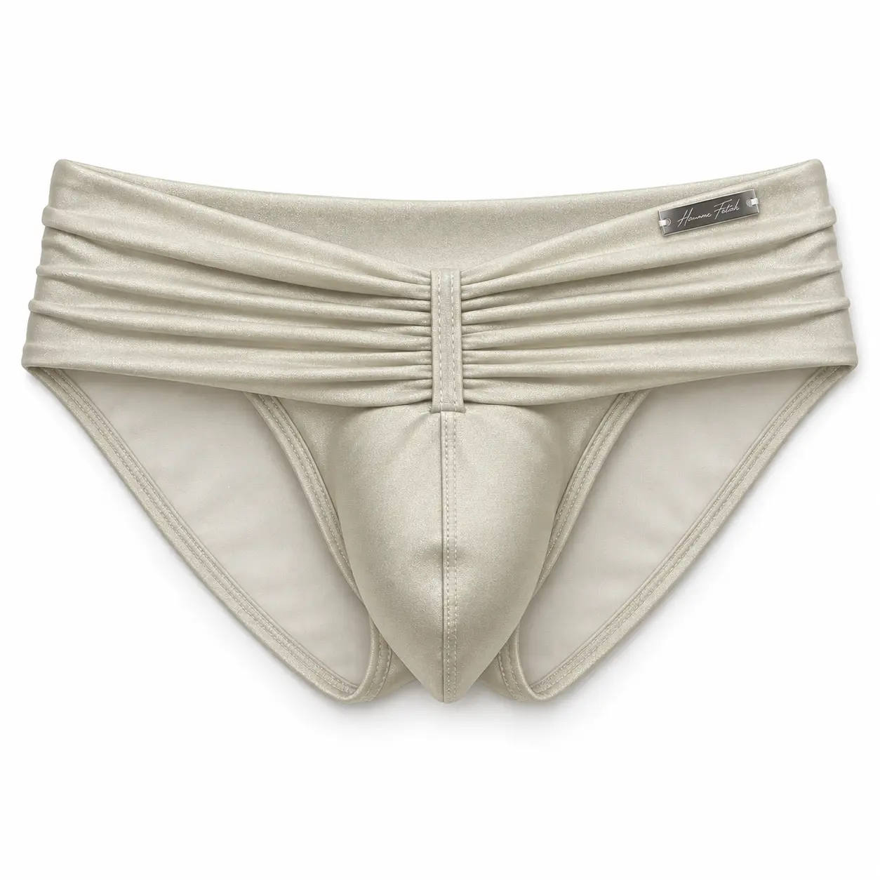 Ruched Waist Swim Brief in Shimmer Beige, front view