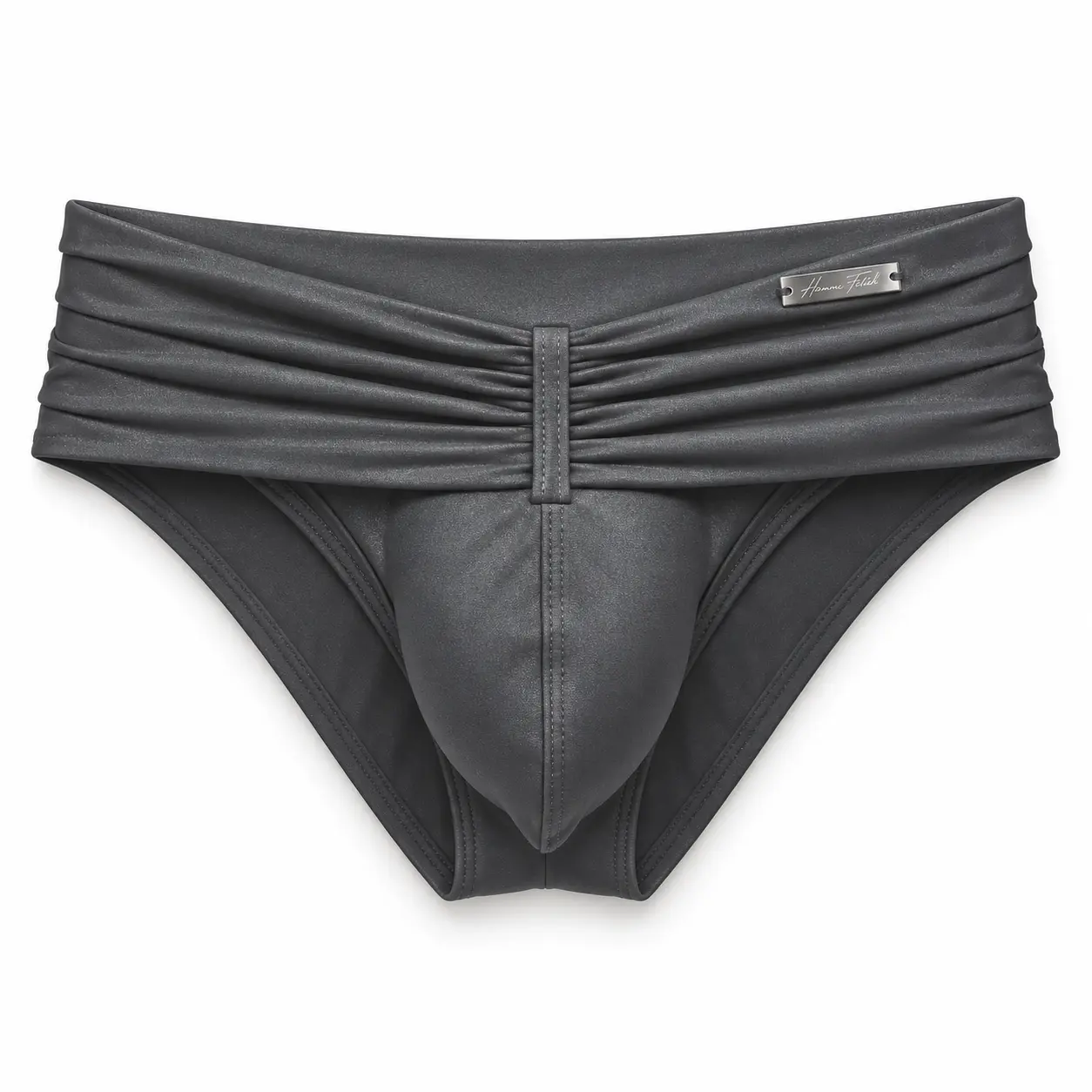 Ruched Waist Swim Brief in Shimmer Dark Gray, front view